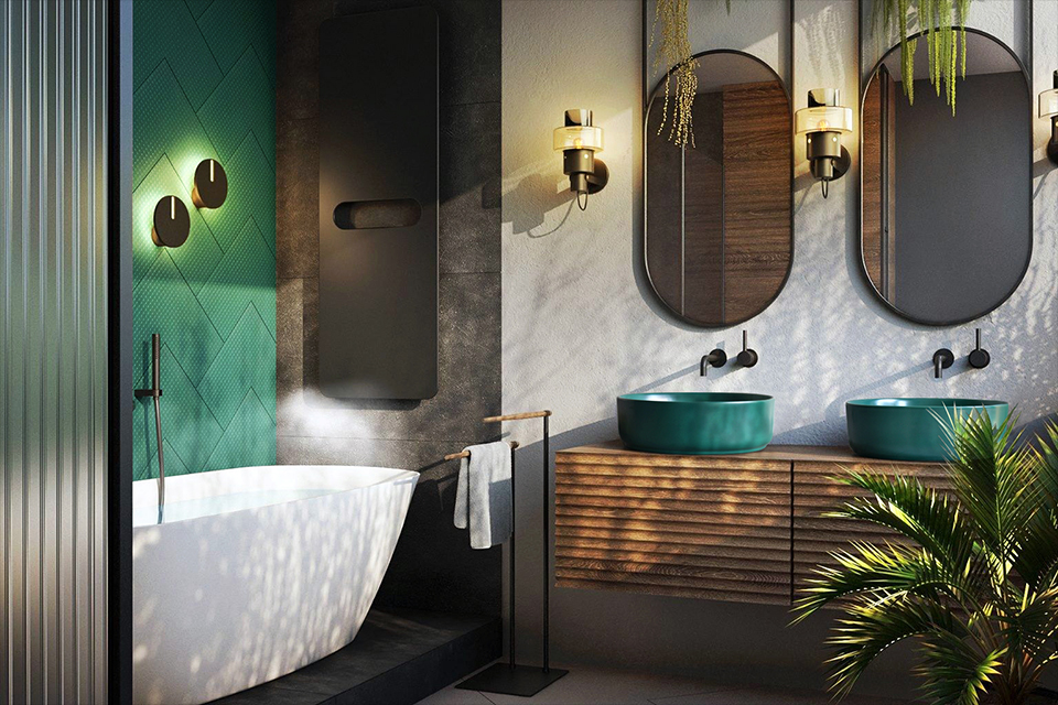 Những chiếc gương đơn là lựa chọn hoàn hảo cho phòng tắm color block