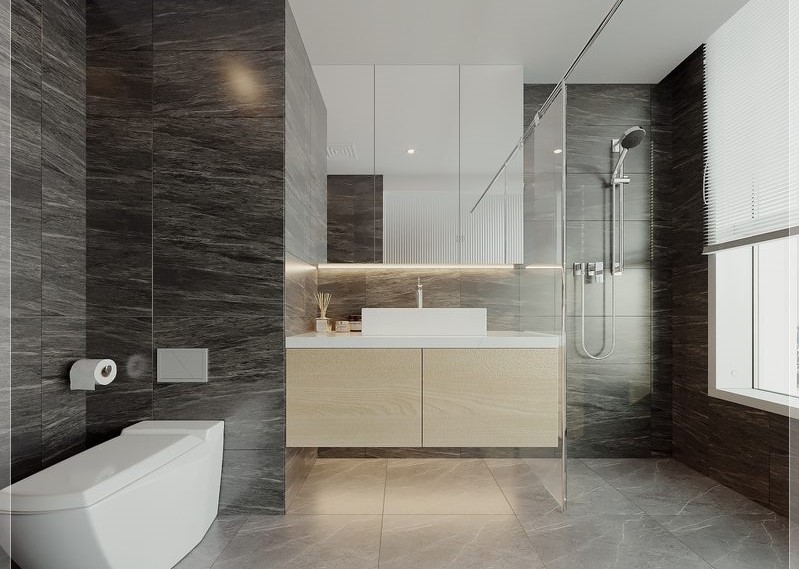 Thiết kế phòng tắm nhỏ đẹp có bồn tắm sử dụng vật liệu xây dựng đá nhân tạo màu sáng tạo không gian phòng tắm đẹp và rộng hơn