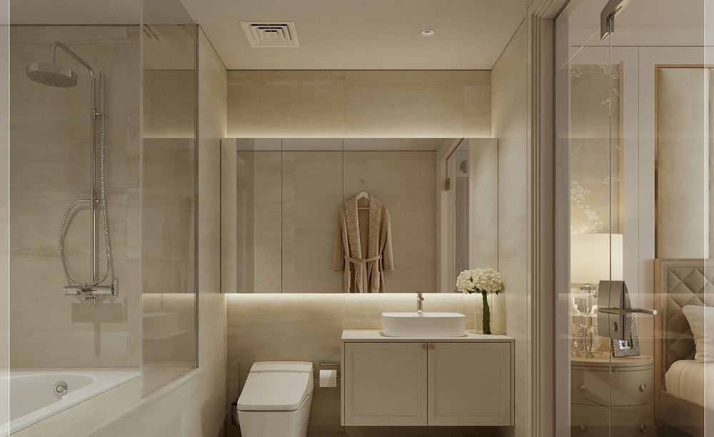 Mẫu nhà tắm đẹp đơn giản sang trọng với điểm nhấn tường bằng gạch men hoa văn cao cấp