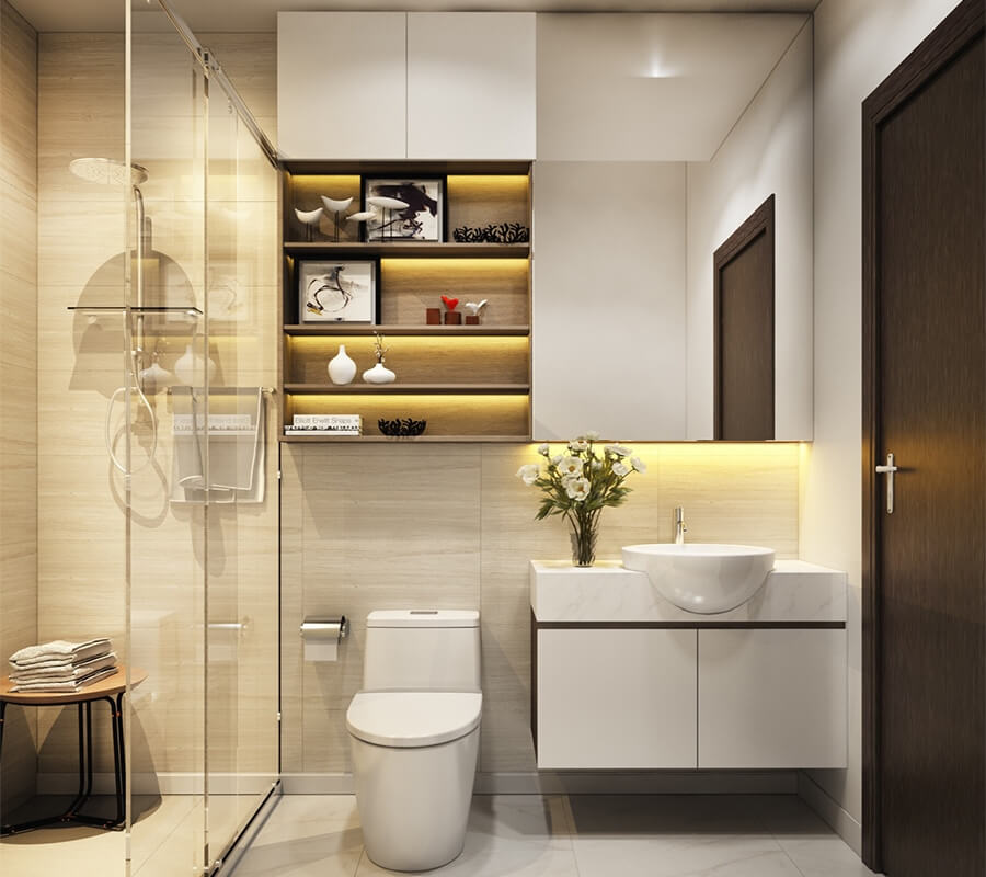 Thiết kế phòng tắm nhỏ đẹp với các tủ kệ gỗ lưu trữ tiện ích