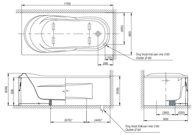 Bản vẽ kĩ thuật bồn tắm nằm 2 người HT-1022